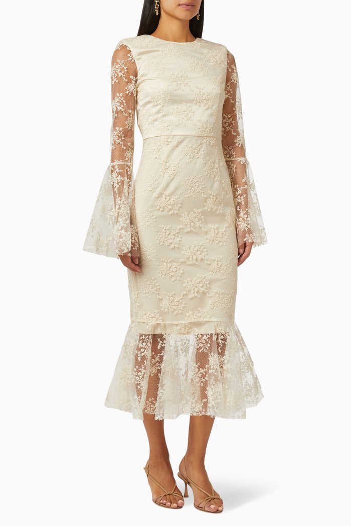 Irena Midi Dress in Lace, White