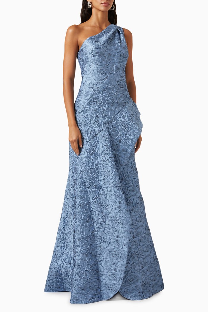 

One-shoulder Peplum Gown in Jacquard, Blue