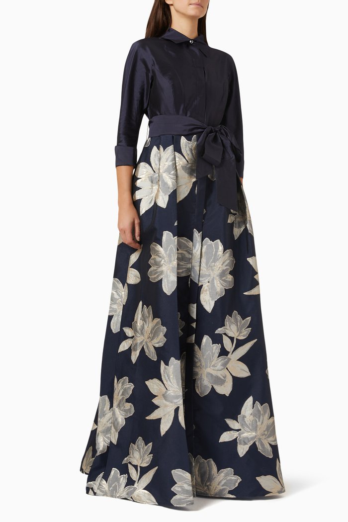 

Floral Shirt Waist Gown in Jacquard, Blue