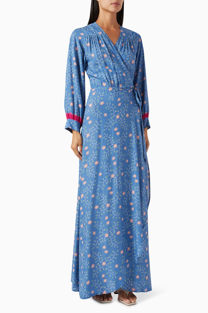 

Kate Floral Maxi Wrap Dress in Rayon, Blue
