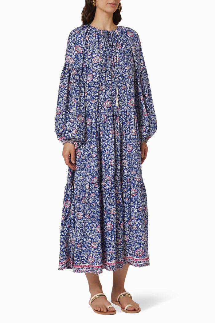 

Briana Floral Tiered Midi Dress in Silk, Blue