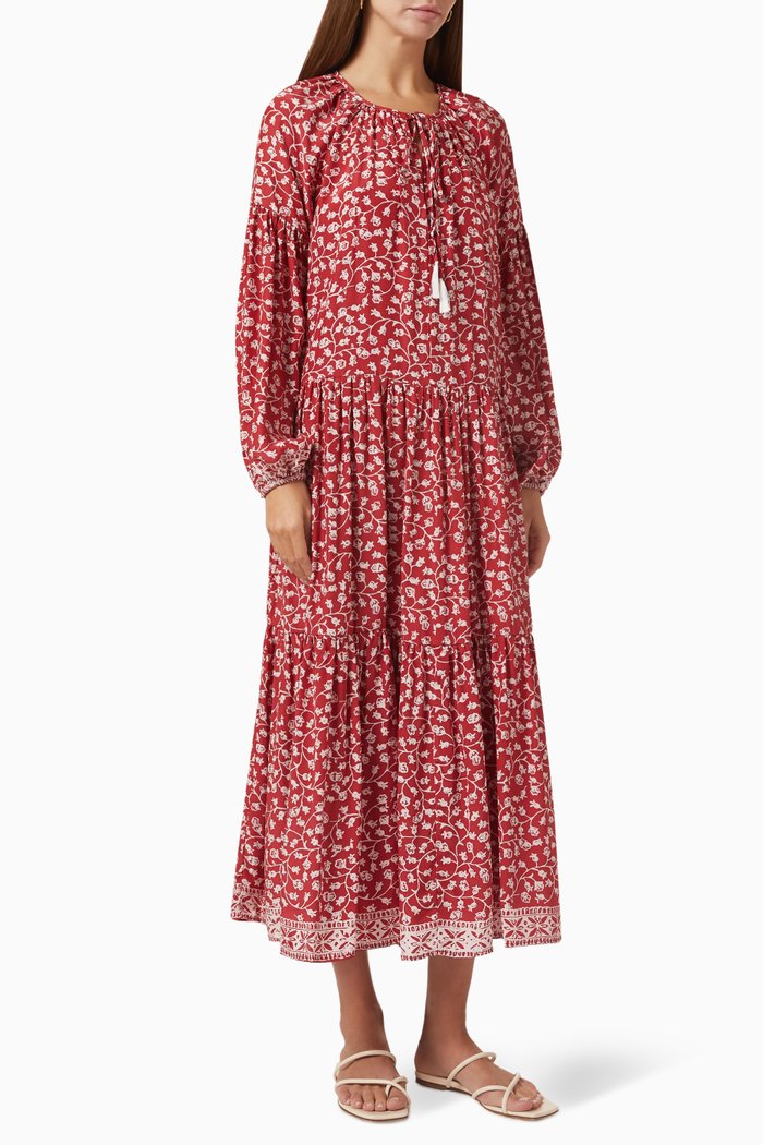 

Briana Floral Tiered Midi Dress in Silk, Red