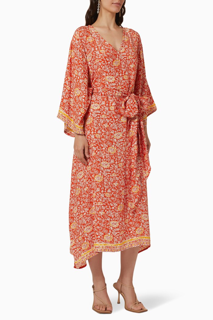 

Marin Floral Belted Midi Dress in Silk, Orange