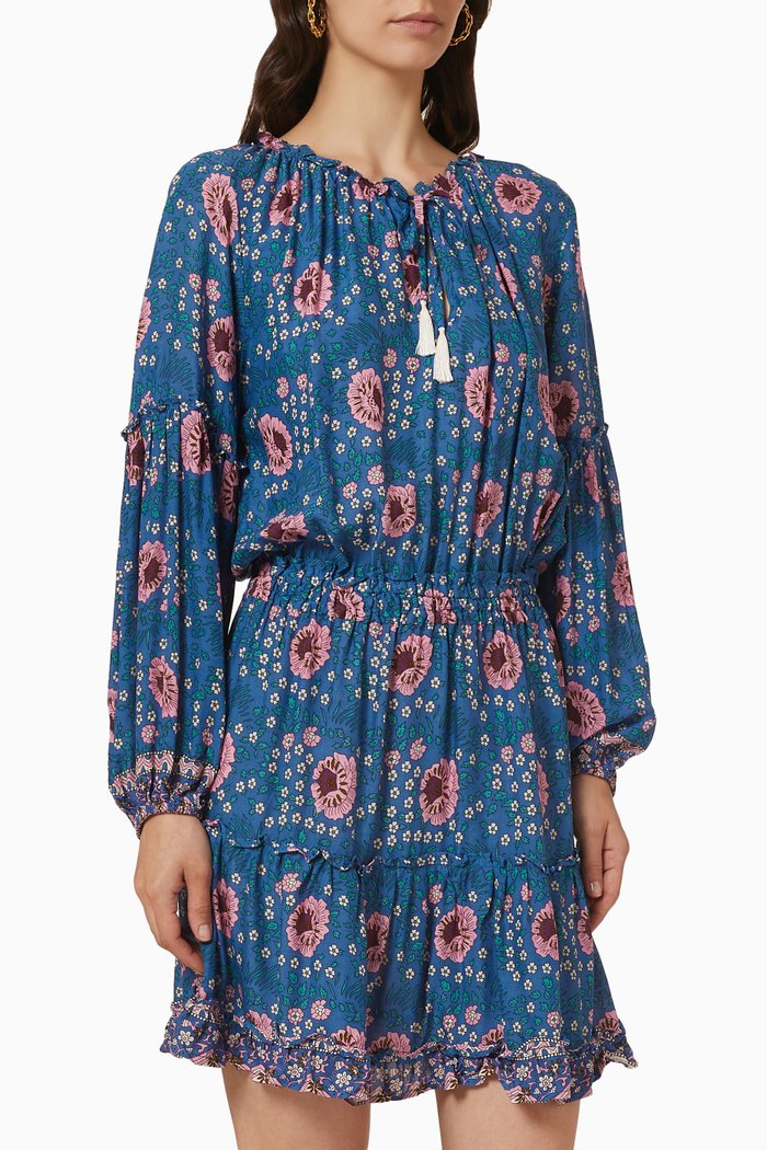 Maggie Floral Mini Dress in Rayon, Blue