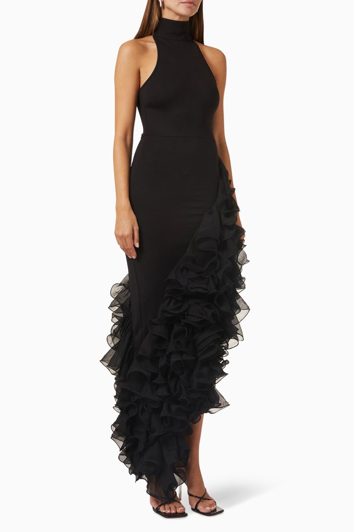 

Pil Asymmetrical Ruffle Dress in Stretch Viscose, Black