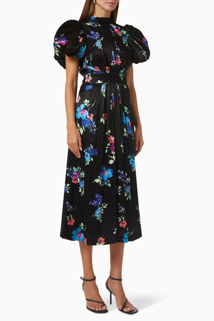 

Noon Puff Sleeves Dress in Satin, Black