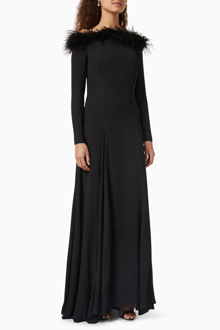 

Feather Trim Gown in Crepe, Black