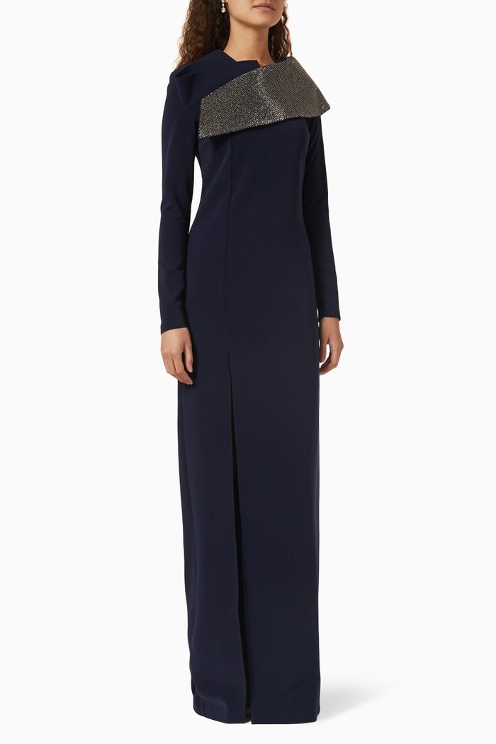 

Studded Long Sleeve Gown in Crepe, Blue