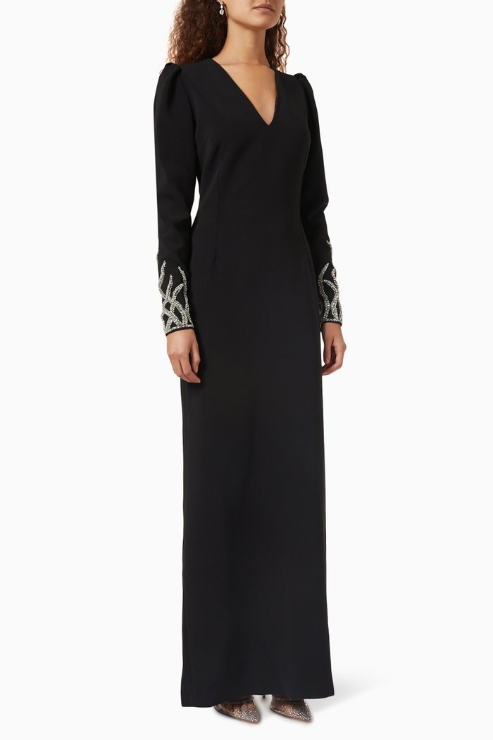 

Embellished Sleeve Gown in Crepe, Black