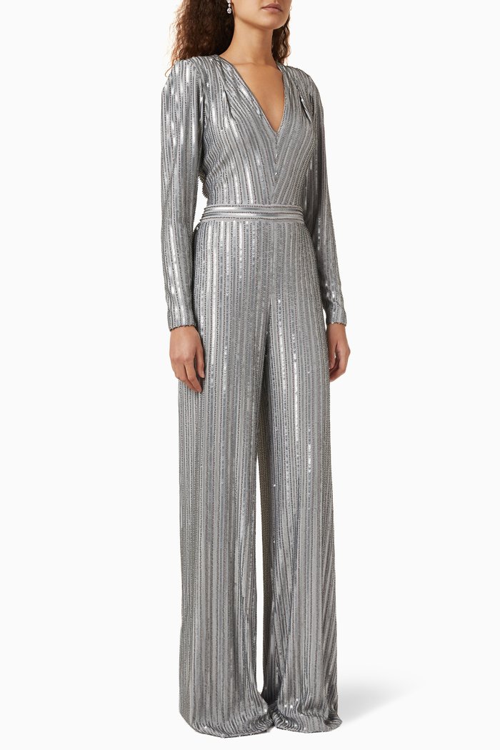 

Beaded Long Sleeve Jumpsuit in Jersey, Silver