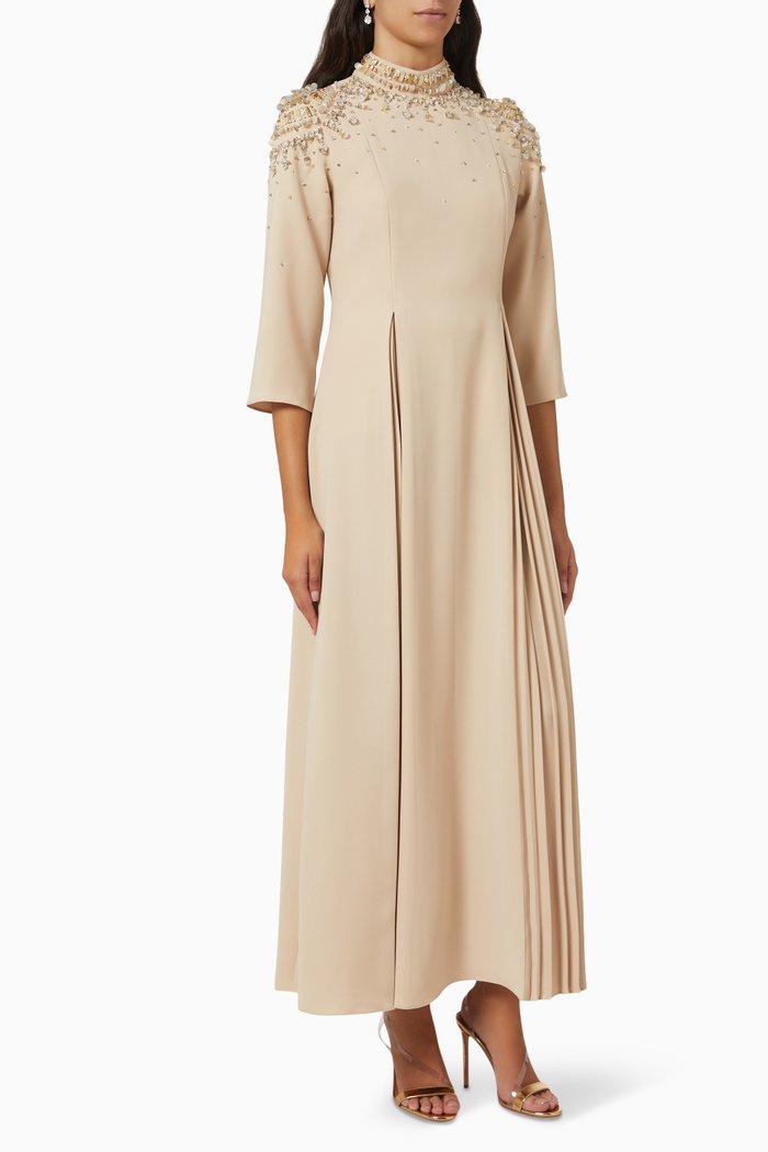 

Belle High-neck Embellished Kaftan, Neutral