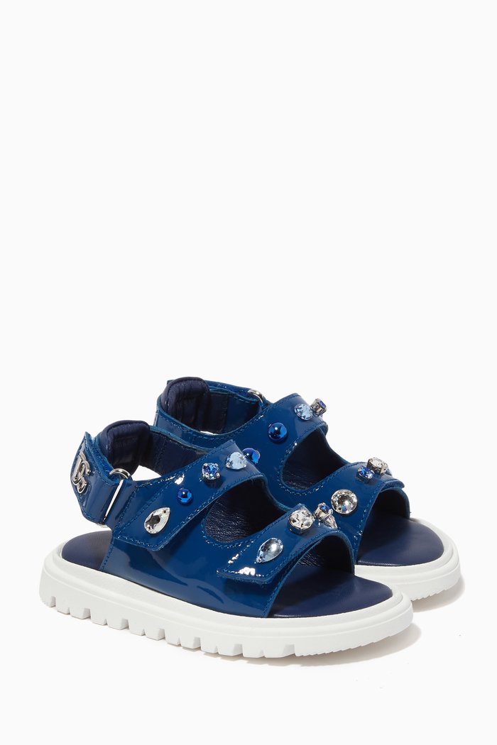 Rhinestone Embellished Sandals in Patent Leather, Blue