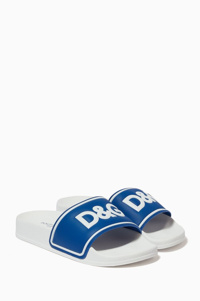 

Logo Pool Slides in Leather & Rubber, Blue