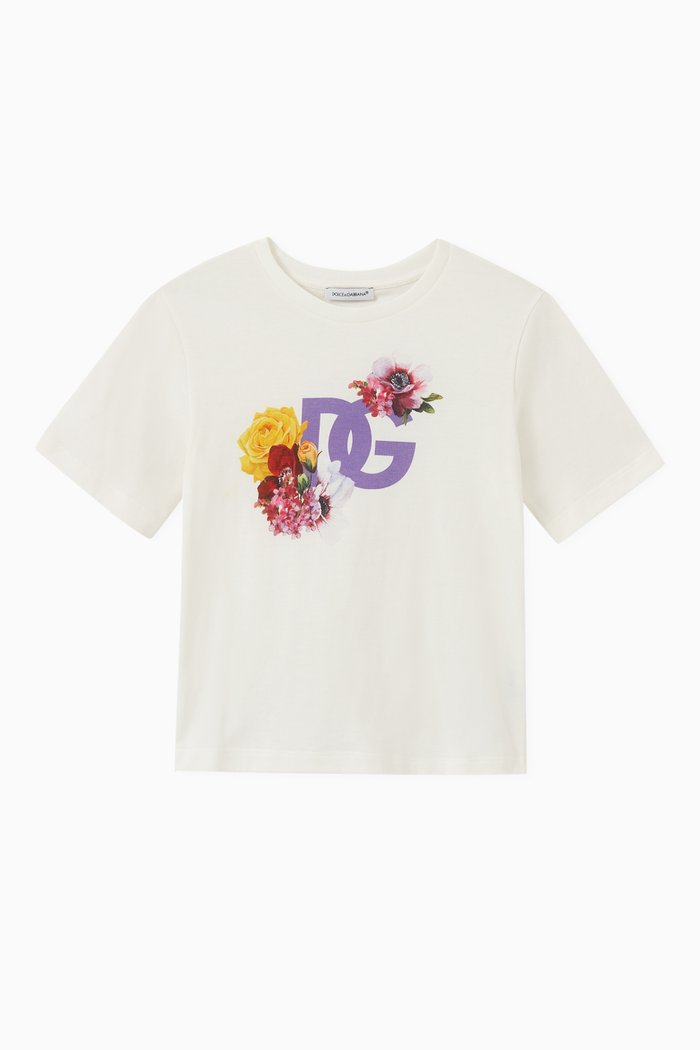 Floral Logo-print T-shirt in Cotton-jersey, White