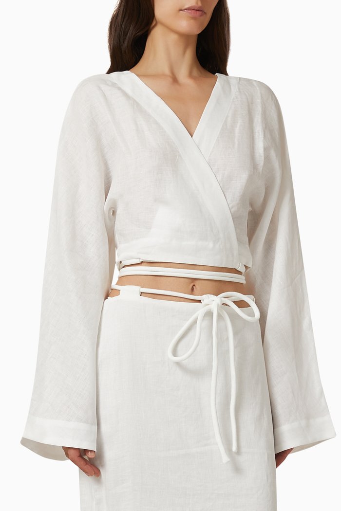 

Mayra Corded Wrap Top in Linen, White