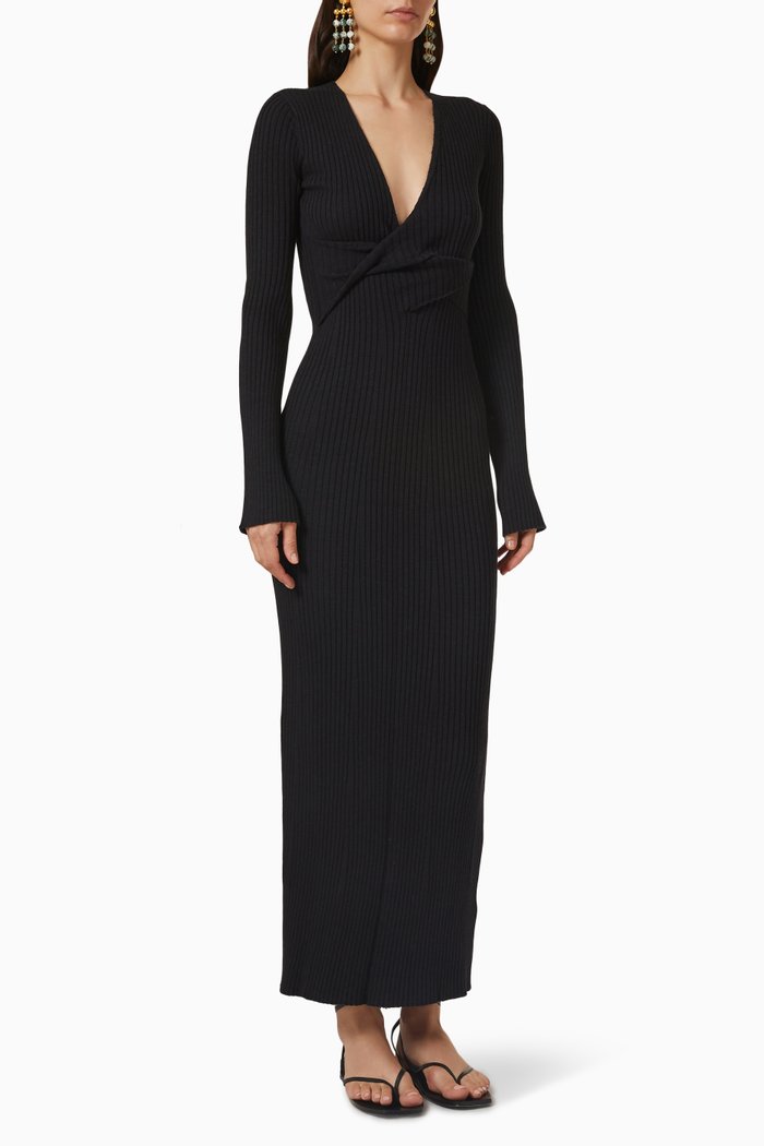 Enes Twist Long Sleeve Dress in Cotton Knit, Black