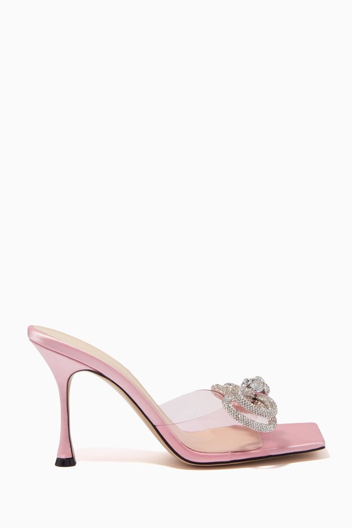 

Double Bow 95mm Mule Heel Sandals in Plexi & Satin, Pink