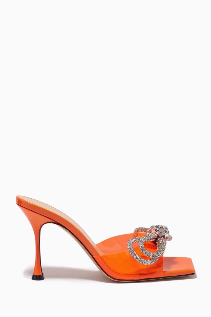 Double Bow 95mm Mule Heel Sandals in Plexi & Patent Leather, Orange