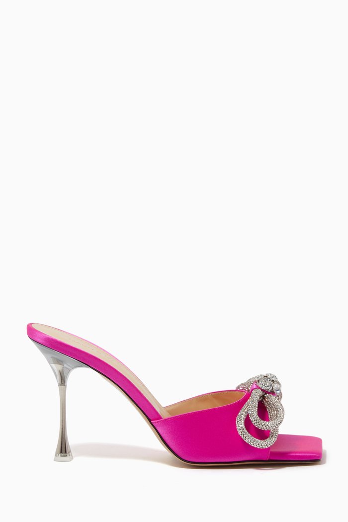 

Double Bow Crystal Square Mules in Satin & Leather, Pink