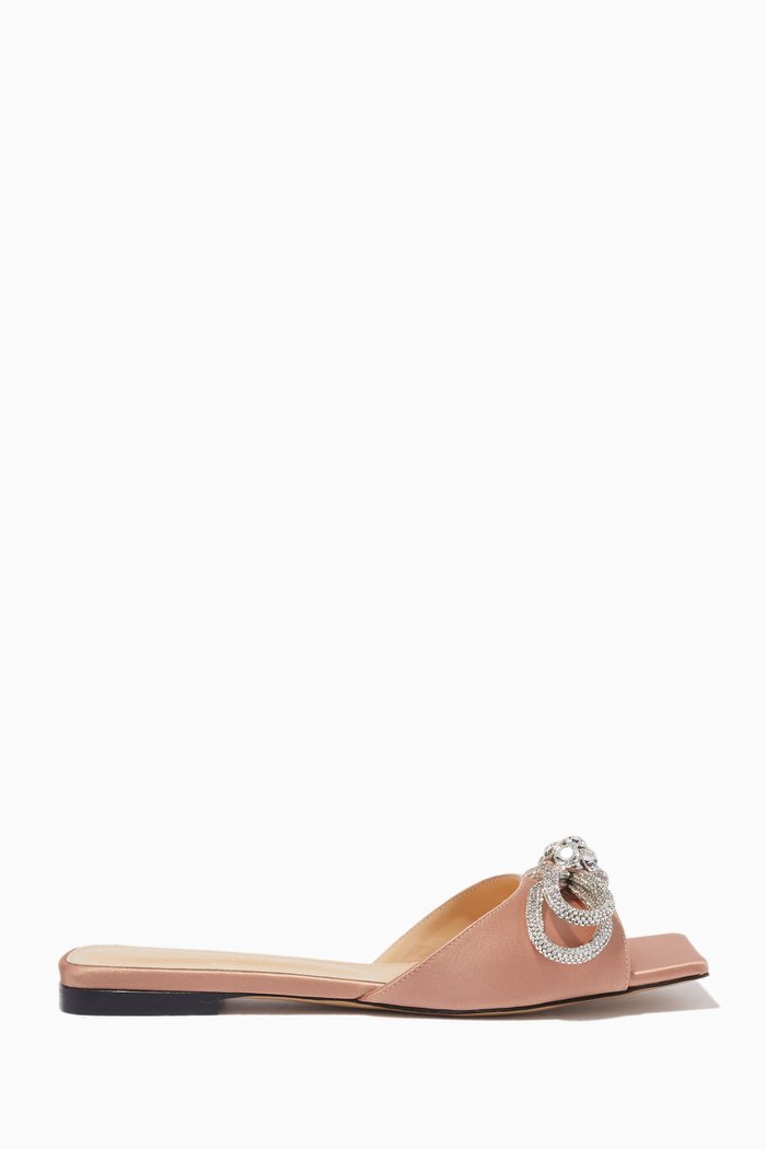 

Double Bow Crystal Square Slides in Satin, Neutral