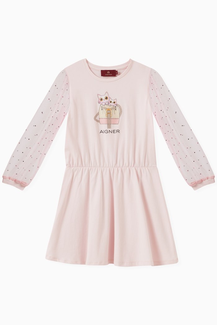 

Graphic Print Dress in Tulle & Cotton Jersey, Pink