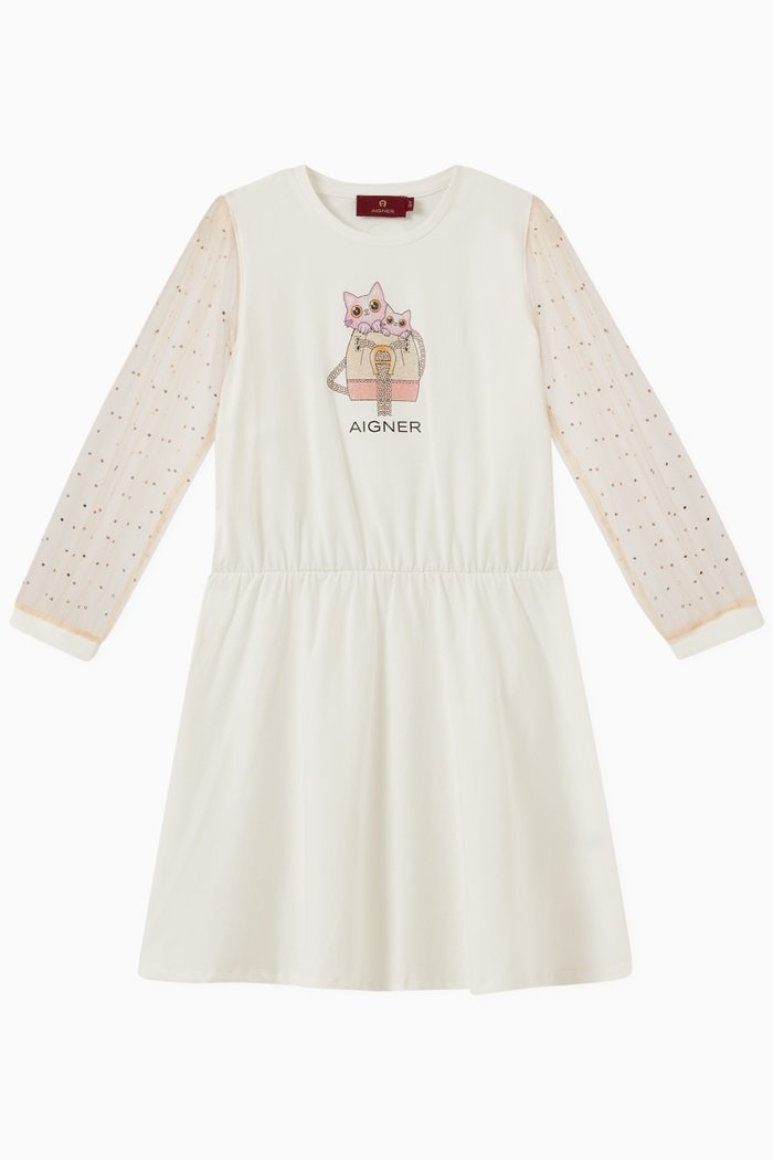 

Graphic Print Dress in Tulle & Cotton Jersey, White