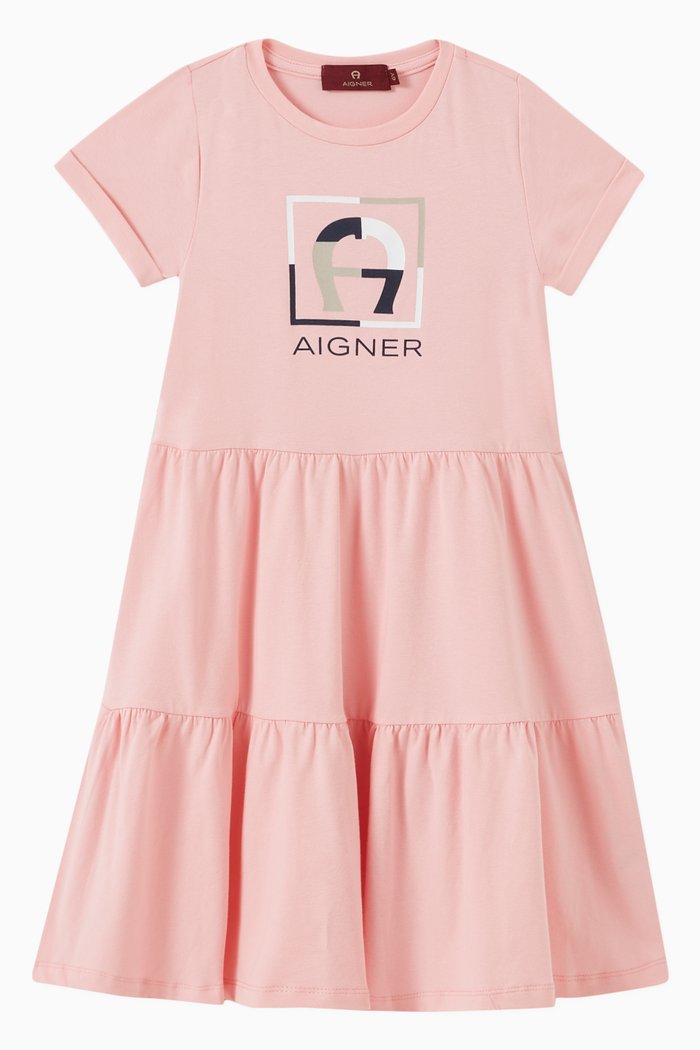 

Logo Print Tiered Dress in Cotton Jersey, Pink