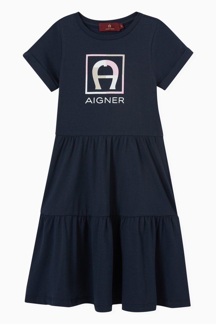 

Logo Print Tiered Dress in Cotton Jersey, Blue
