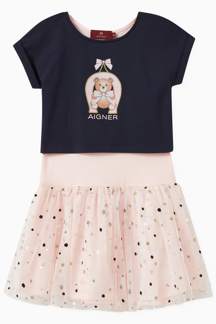 

2-in-1 Logo Teddy T-shirt & Glitter Dot Dress Set, Blue