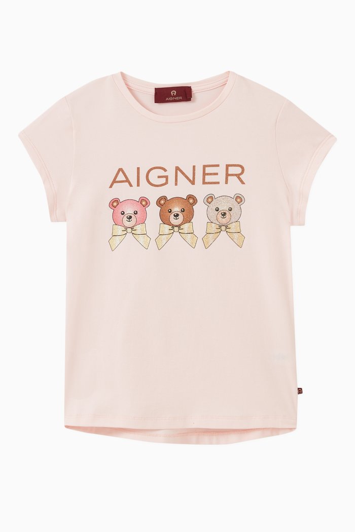 

Triple Teddy & Logo Print T-shirt in Cotton Jersey, Pink