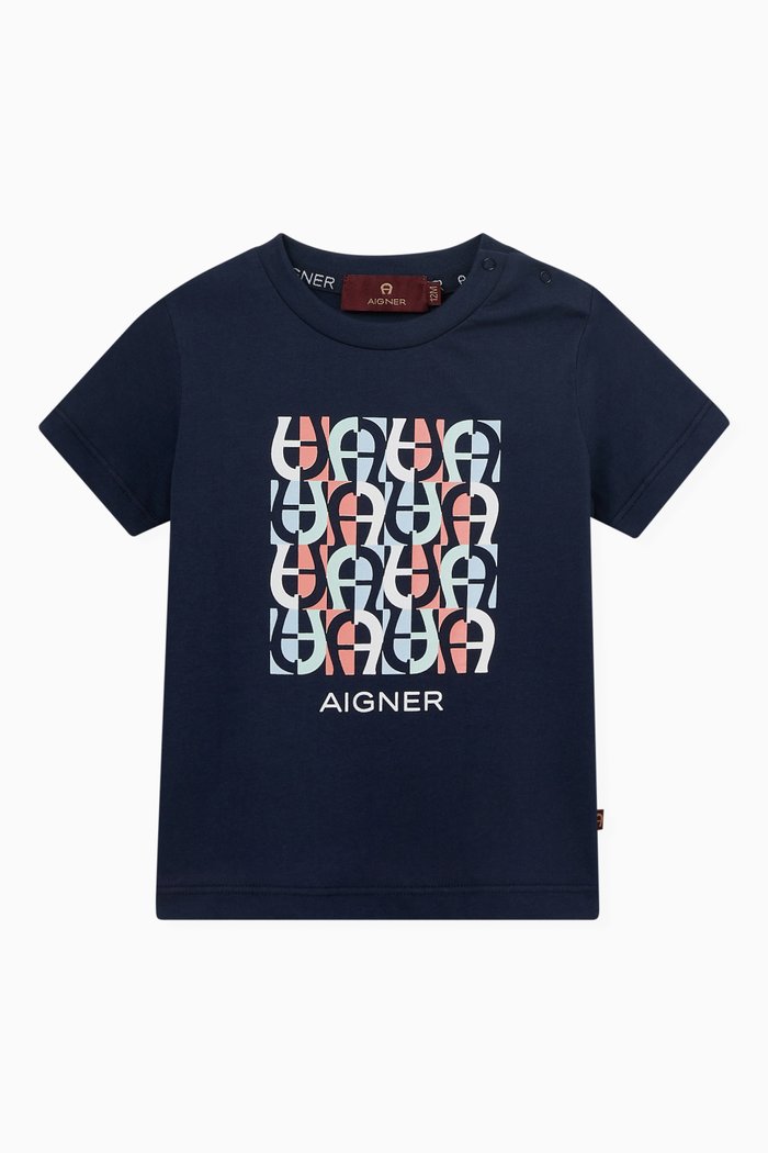 

Logo Square Pattern Print T-shirt in Cotton Jersey, Blue