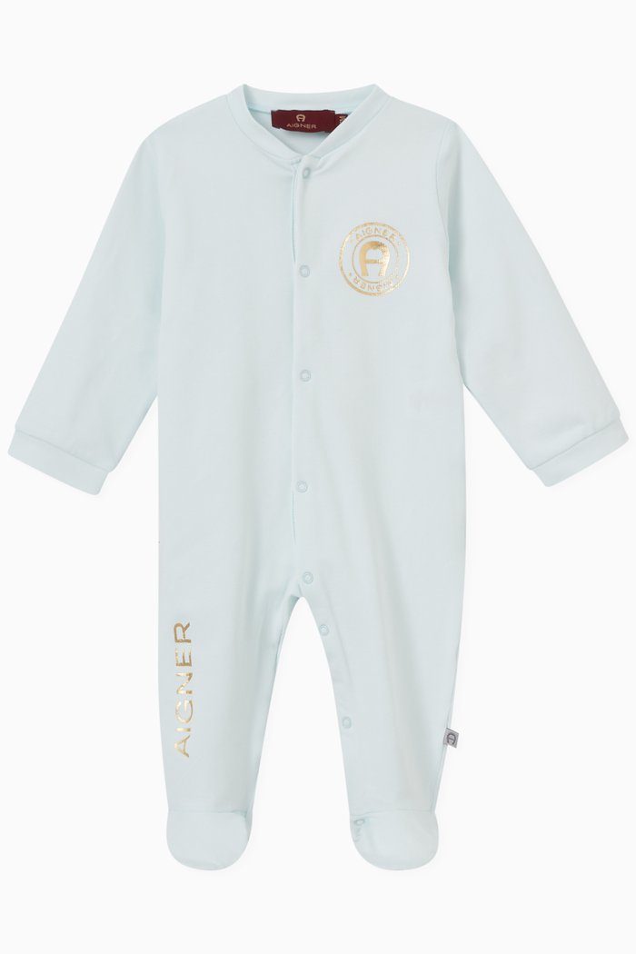 

Metallic Logo Print Sleepsuit in Cotton Jersey, Blue