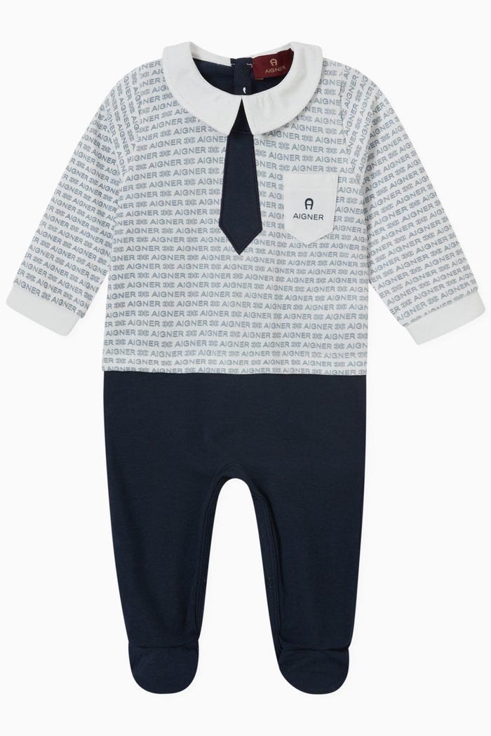 All-over Logo Print Sleepsuit in Cotton Jersey, Blue