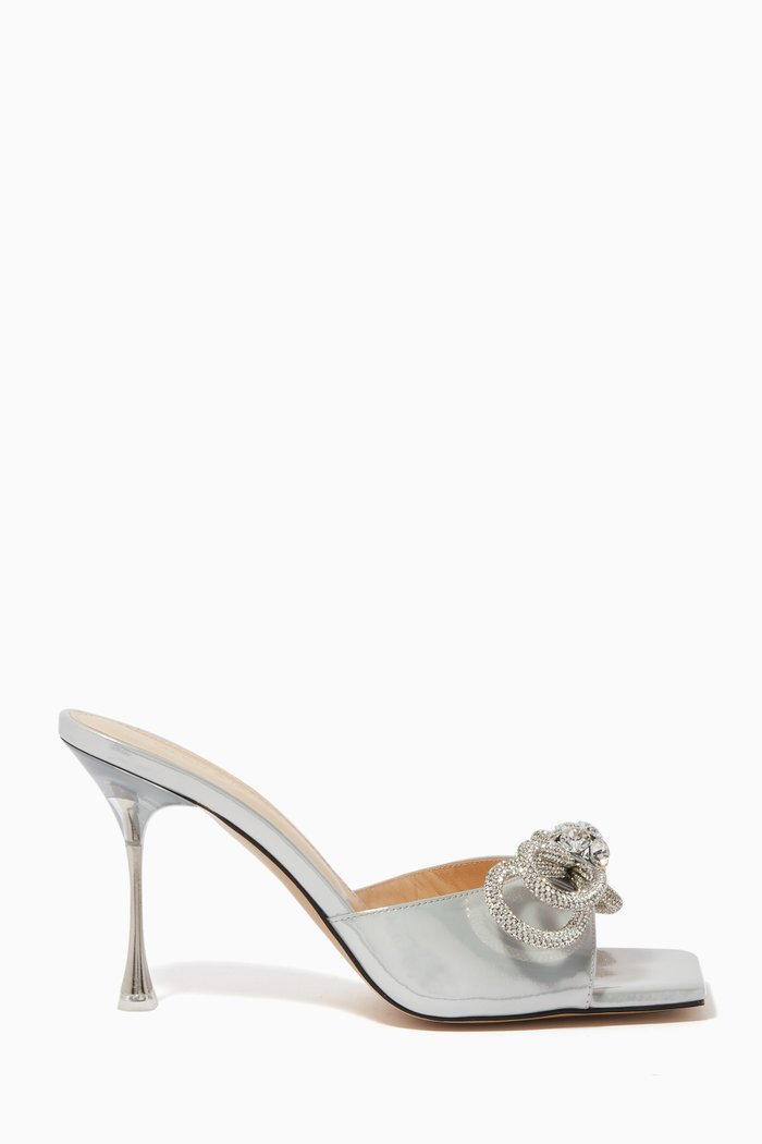 

Double Bow Crystal Square Mules in Leather, Silver