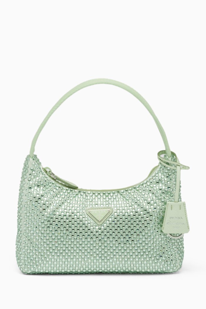 

Mini Hobo Crystal-studded Bag in Satin, Green