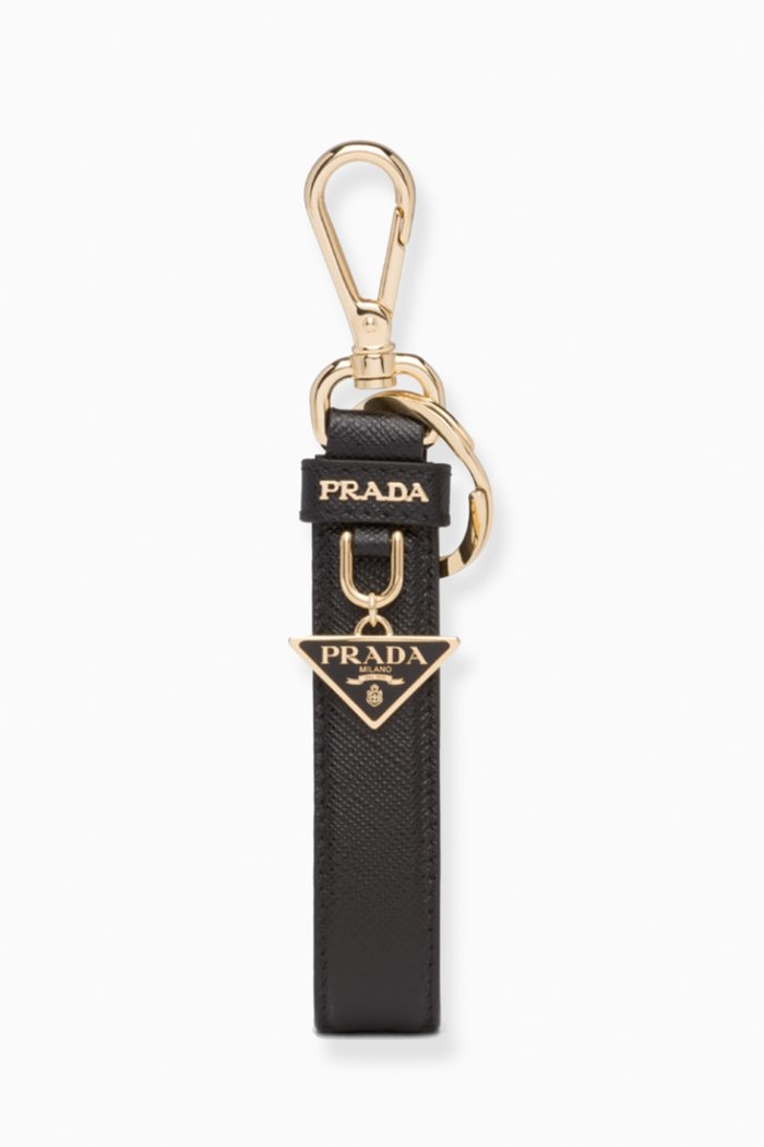 

Triangle Logo Keychain in Saffiano Leather, Black