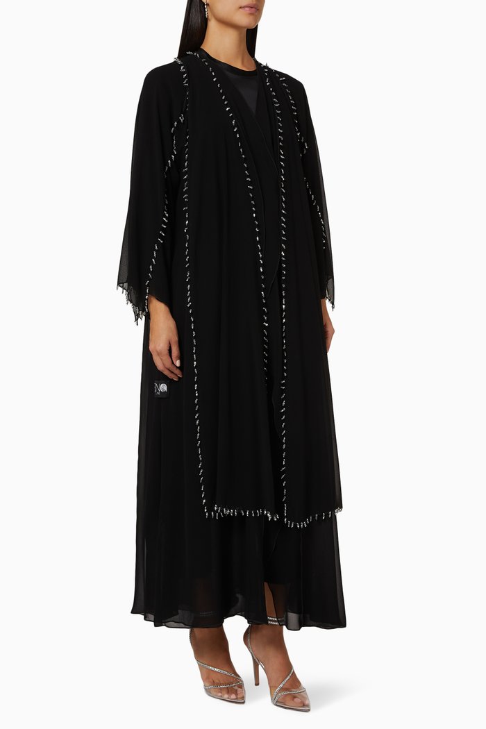 Hand Embroidered Abaya in Double Chiffon, Black