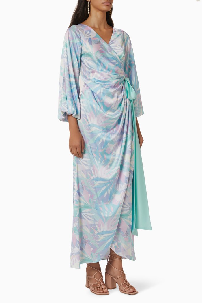 Leaf Print Wrap Maxi Dress in Silk, Blue