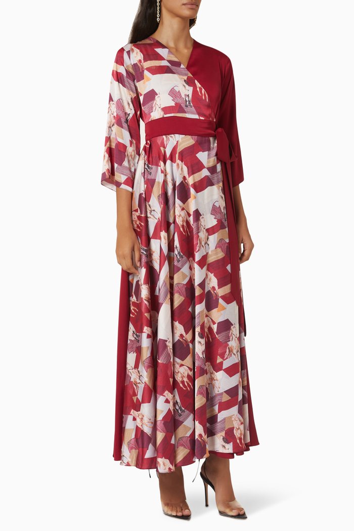 

Ascot Printed Panel Wrap Maxi Dress in Silk, Red