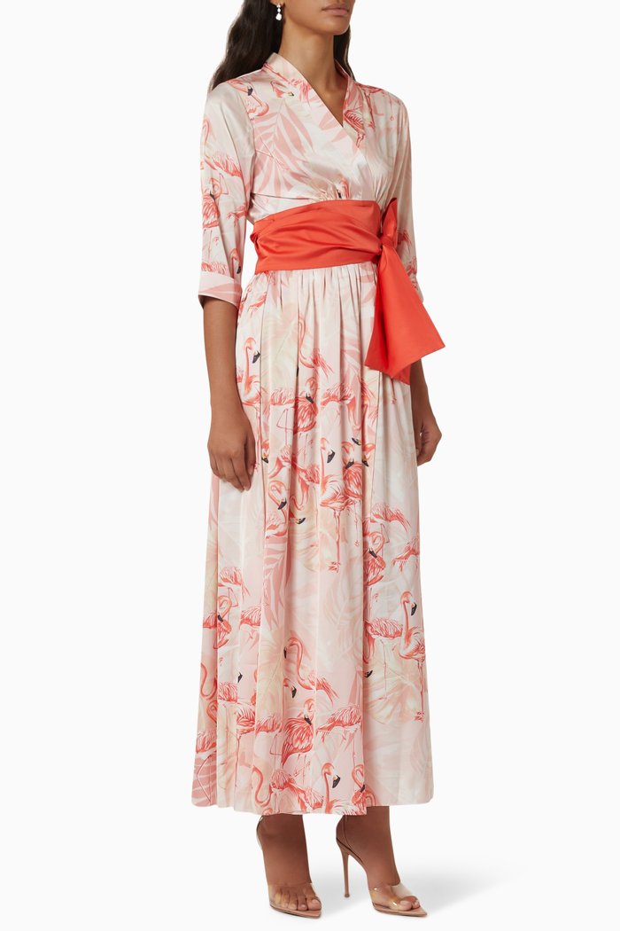 

Flamingo Print Maxi Dress in Silk, Orange