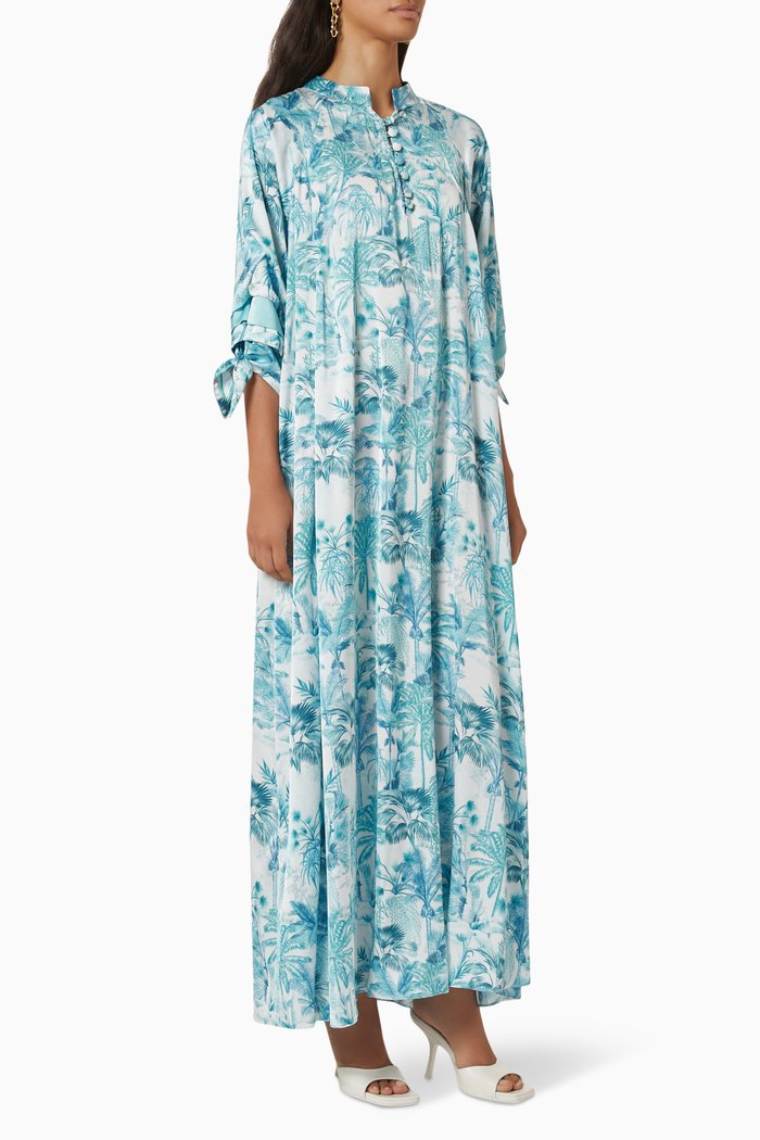 

Tree Print Tie Cuff Maxi Dress in Rayon, Blue