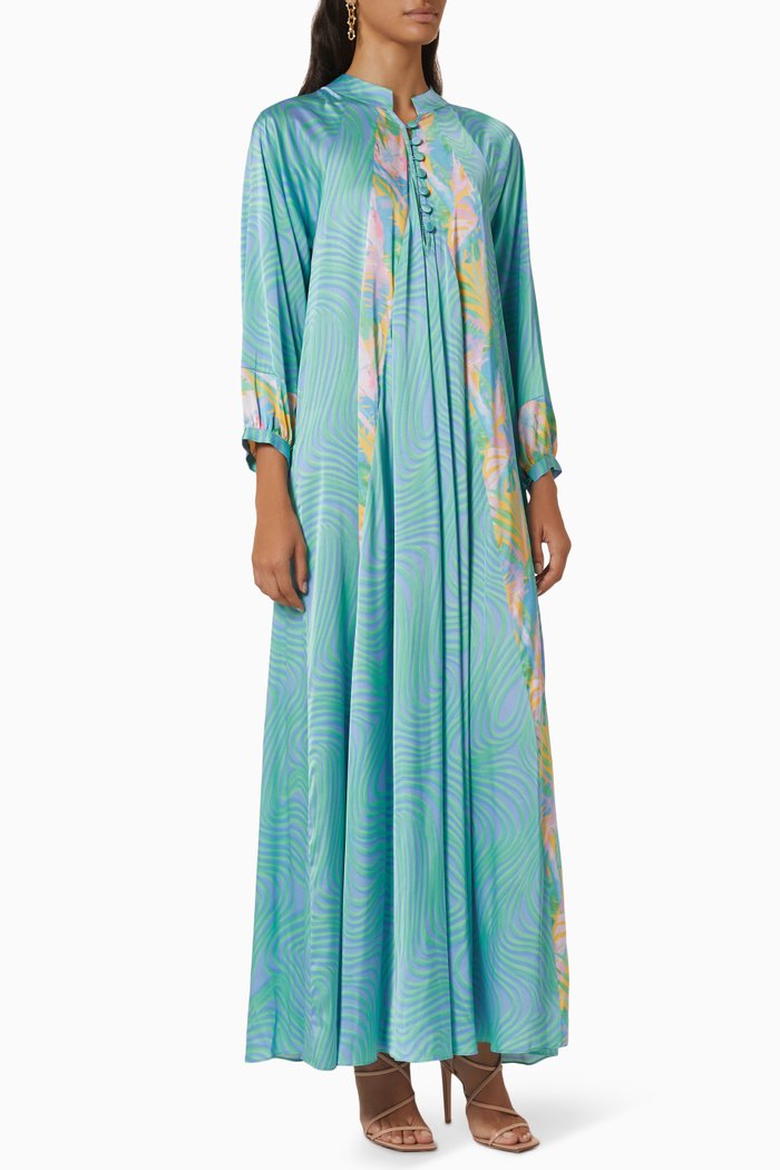 

Wave Abstract Print Maxi Dress in Silk, Blue