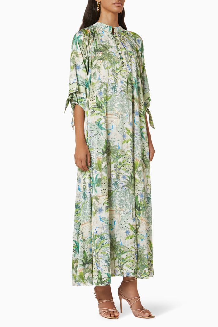 

Tropical Tree Print Tie Cuff Maxi Dress in Rayon, Multicolour