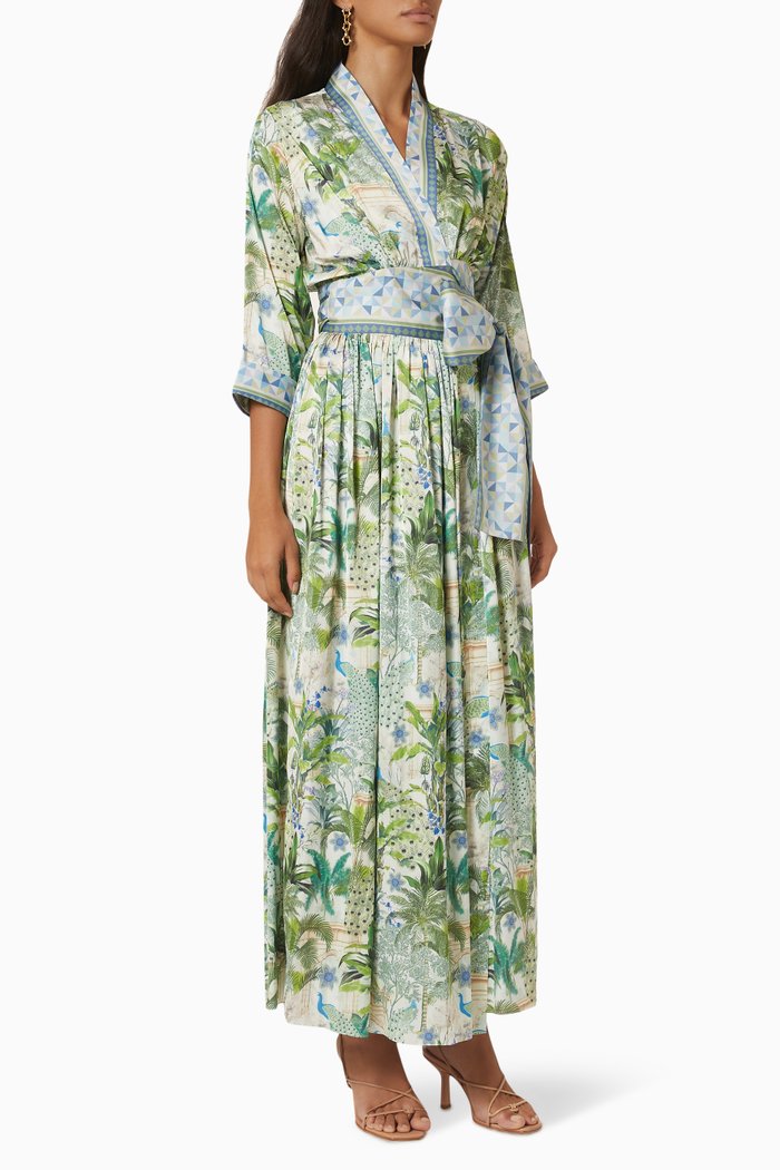 

Tropical Tree Print Wrap Maxi Dress in Silk, Multicolour