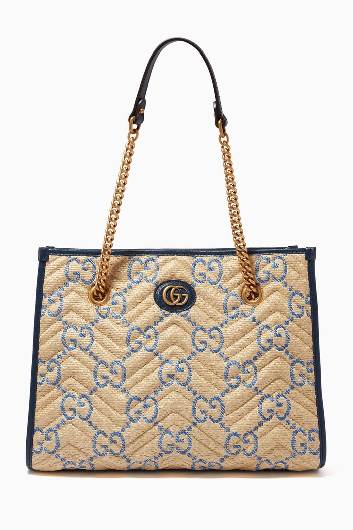 

GG Marmont Medium Tote in Matelassé Raffia, Neutral