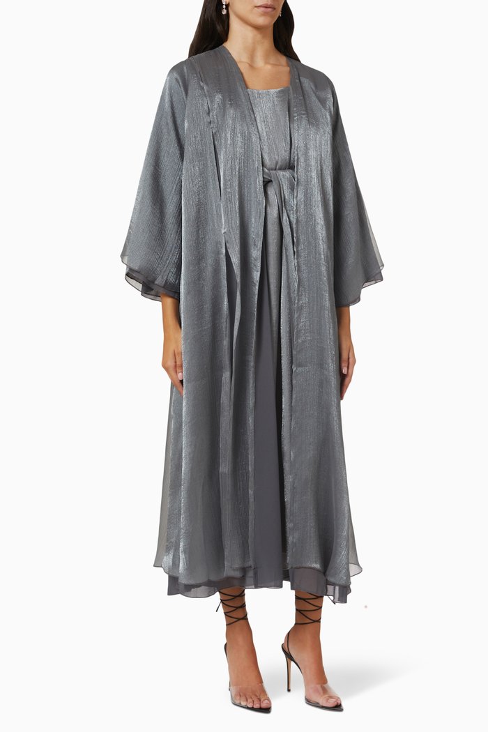 

Shimmer Layered Abaya Set in Metallic Organza & Chiffon, Grey