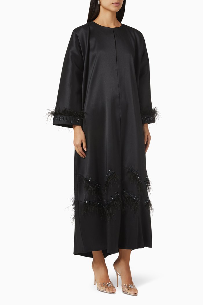

Embellished Feather Trim Abaya, Black