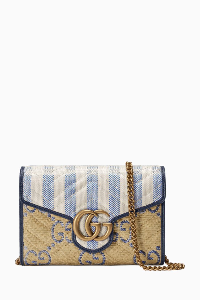 

GG Marmont Small Wallet in Raffia-effect Fabric, Blue
