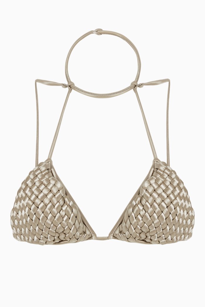 

Weave String Bikini Top in Satin Stretch Nylon, Silver