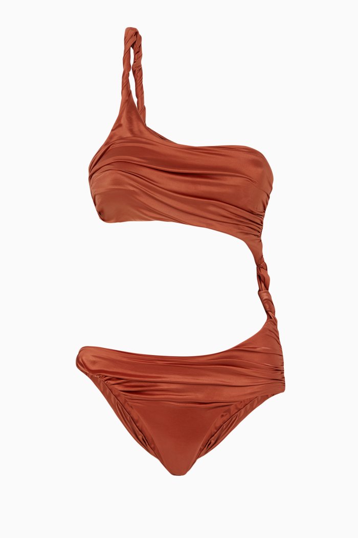 

Twisted Cut-out Swimsuit in Satin Stretch Nylon, Brown